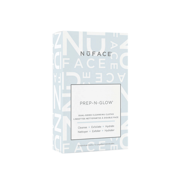 Box of Prep-N-Glow® | NuFACE dual-sided cleansing cloths for skincare, designed to cleanse, exfoliate, and hydrate the face with a light blue and white design.