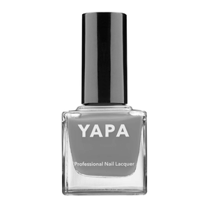 Bottle of Heather Nail Lacquer | YAPA in a muted gray shade with a black cap, labeled as professional nail lacquer.