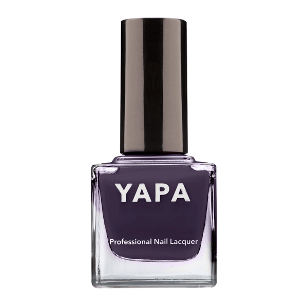 Lisa Nail Lacquer | YAPA in a sleek square glass bottle featuring a deep purple shade of professional nail lacquer with a glossy black cap.