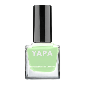 Bottle of pale green nail polish with black cap labeled Erin Nail Lacquer | YAPA and YAPA Professional Nail Lacquer on the front