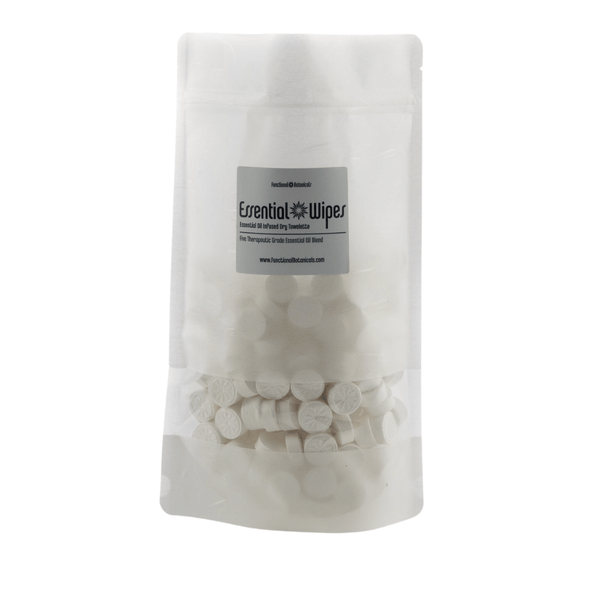 Essential Wipes PRO Pak - 350 qty | Functional Botanicals package showing white compressed towels in a clear resealable pouch for convenient skincare and body care use.