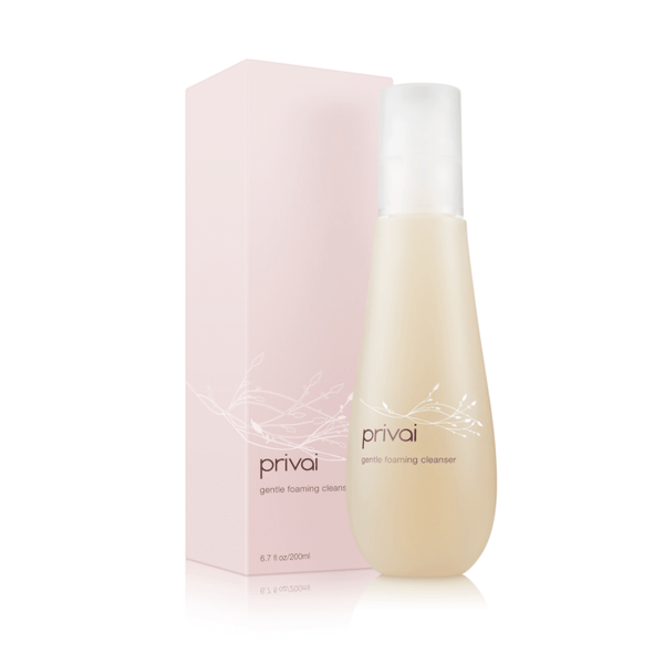 Gentle Foaming Cleanser | Privai in a sleek, light beige bottle with a white cap, shown alongside its soft pink box, highlighting a skincare product for gentle cleansing.