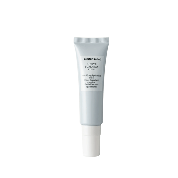 Tube of Active Pureness Fluid | [ comfort zone ] skincare product in a light gray container with white cap, designed for mattifying and hydrating the skin.