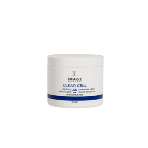 Container of CLEAR CELL salicylic clarifying pads | IMAGE Skincare, a skincare product with 2% salicylic acid for cleansing and clarifying skin, shown on a white background.