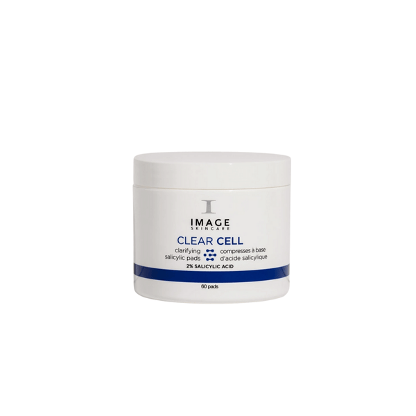 Container of CLEAR CELL salicylic clarifying pads | IMAGE Skincare, a skincare product with 2% salicylic acid for cleansing and clarifying skin, shown on a white background.