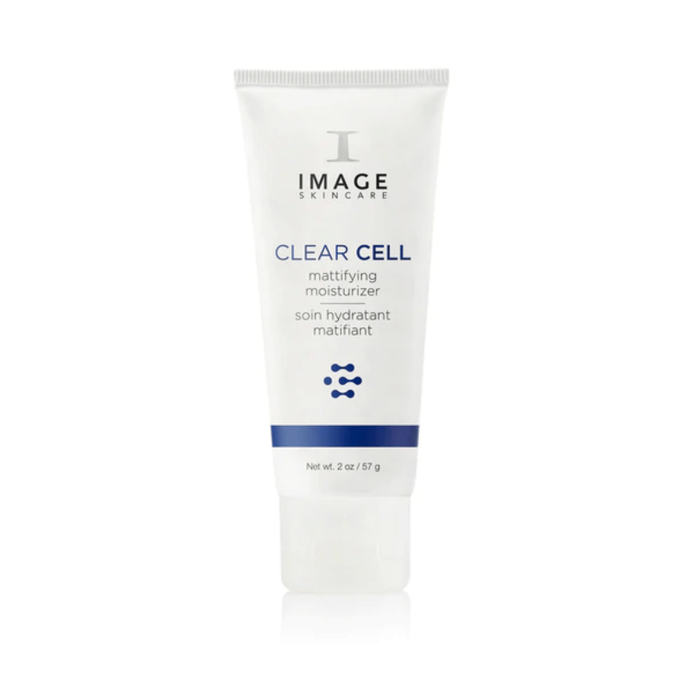 Tube of CLEAR CELL mattifying moisturizer | IMAGE Skincare with white packaging and blue accents, designed for skincare and oil control benefits.