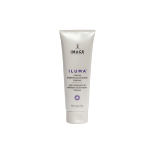 Tube of ILUMA intense brightening exfoliating cleanser | IMAGE Skincare with white packaging and purple text, designed for skincare and body care routines.