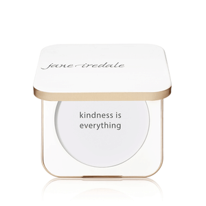 Refillable Compact | Jane Iredale in white and gold with the phrase "kindness is everything" inside the compact, showcasing a sleek, minimalist design for skincare or beauty use.