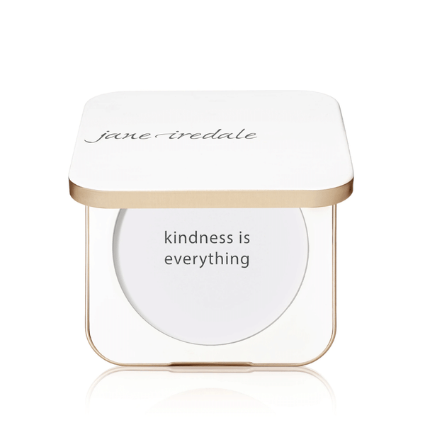 Refillable Compact | Jane Iredale in white and gold with the phrase "kindness is everything" inside the compact, showcasing a sleek, minimalist design for skincare or beauty use.
