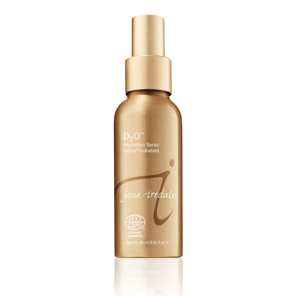 Gold spray bottle of D20 Hydration Spray | Jane Iredale, an organic skincare product designed to hydrate and refresh the skin.