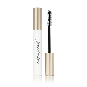 Beyond Lash Volumizing Mascara | Jane Iredale featuring a sleek white and gold tube with a detachable brush wand designed for enhancing lashes with volume and definition.