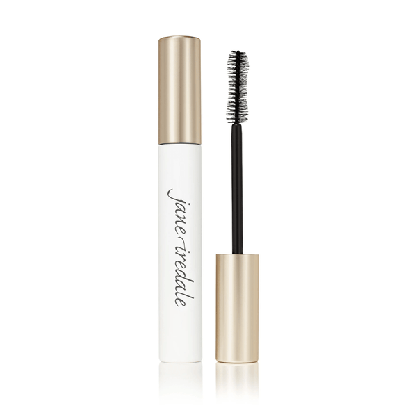 Beyond Lash Volumizing Mascara | Jane Iredale featuring a sleek white and gold tube with a detachable brush wand designed for enhancing lashes with volume and definition.