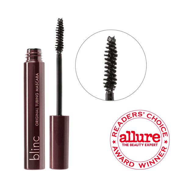 Original Tubing Mascara | Blinc with a close-up of the brush applicator, featuring a sleek dark tube and an Allure Readers' Choice Award badge.