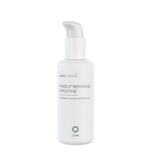 White pump bottle of Makeup Removing Smoothie | Skin Moderne cleansing and makeup removing oil for skincare and body care, displayed on a white background.