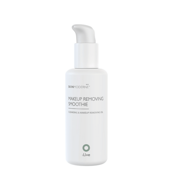 White pump bottle of Makeup Removing Smoothie | Skin Moderne cleansing and makeup removing oil for skincare and body care, displayed on a white background.