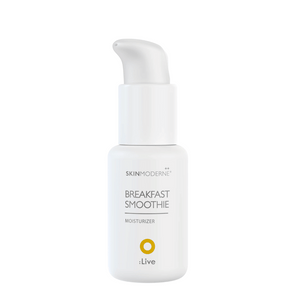 White pump bottle of Breakfast Smoothie | Skin Moderne moisturizer with simple modern branding for skincare and wellness routines.