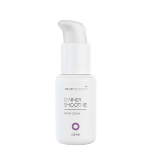 White pump bottle of Dinner Smoothie | Skin Moderne night cream with minimalist branding designed for skincare and wellness routines.