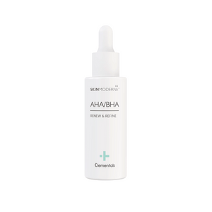 A white dropper bottle of AHA / BHA | Skin Moderne skincare product with a clean, minimalist design labeled "Renew & Refine" from the Elementals line.