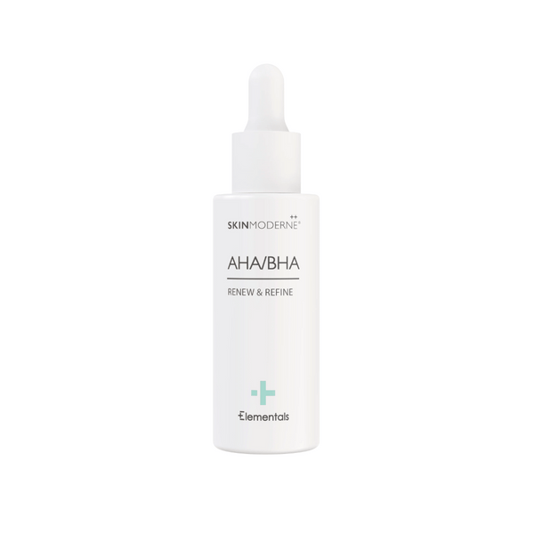 A white dropper bottle of AHA / BHA | Skin Moderne skincare product with a clean, minimalist design labeled "Renew & Refine" from the Elementals line.