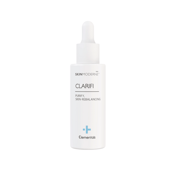 White dropper bottle of Clarifi | Skin Moderne skincare serum with minimalist label highlighting purify and skin-rebalancing benefits, designed for skincare routines.
