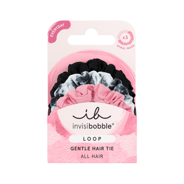 Package of LOOP 3 pc | invisibobble gentle hair ties in black, tie-dye, and pink colors, designed for all hair types and everyday use.