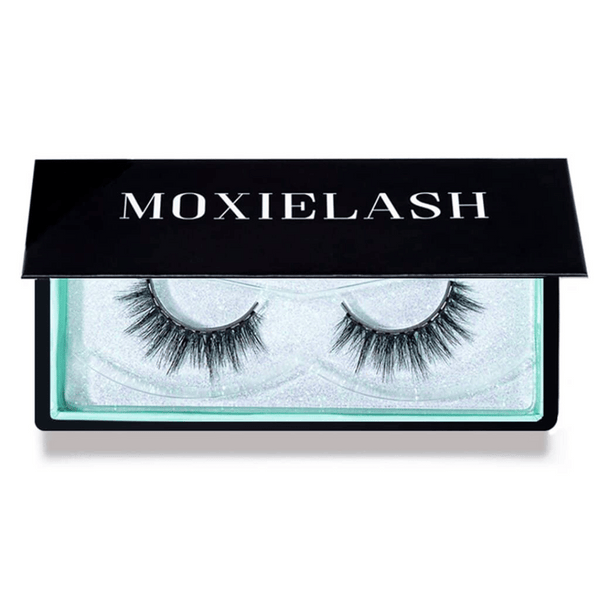 Open black case with the brand name MOXIELASH displaying a pair of long, thick false eyelashes labeled Happy Lash | Moxielash, designed for enhancing eye beauty.