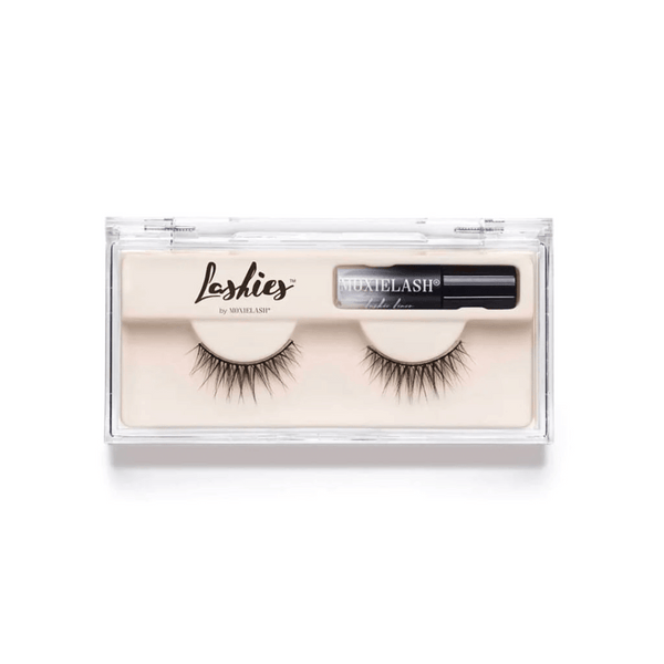 Lashies™ - Airy - On The Go | Moxielash false eyelashes set with natural, wispy lashes and adhesive in a clear compact case for easy application and travel convenience.