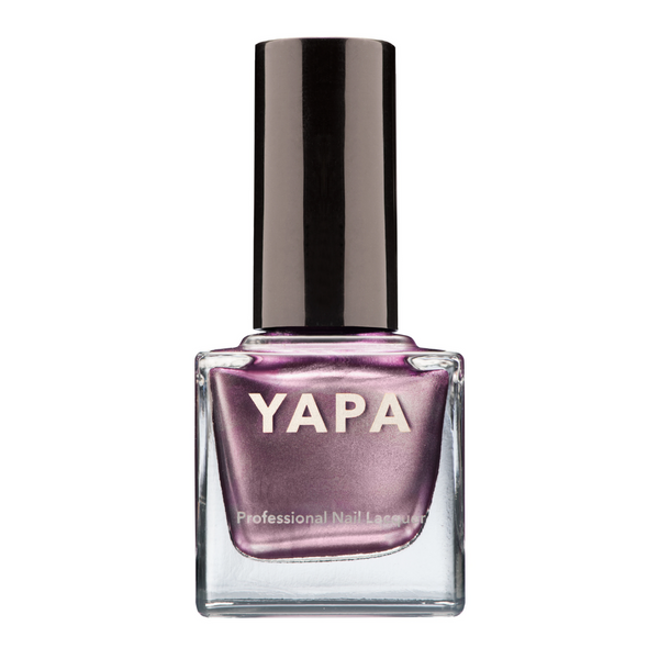 Bottle of Bella Nail Lacquer | YAPA in a shimmering metallic purple shade with a black cap, showcasing professional quality nail polish for a stylish manicure.
