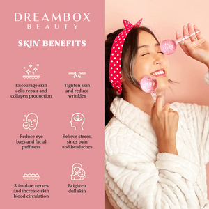 A smiling woman wearing a white robe and red polka dot headband gently using Glow Globes [Ice Roller for Face] | Dreambox Beauty on her cheeks, with skin benefits listed on a pink background.
