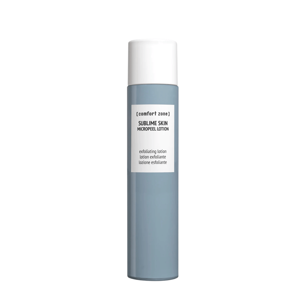 Sleek blue and white bottle of Sublime Skin Micropeel Lotion | [ comfort zone ], a skincare exfoliating lotion designed for gentle skin renewal and body care.