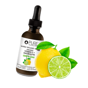 Bottle of Vitamin C + Electrolytes Lemon-Lime Water Infusion Drops - 30 servings | Pure Inventions alongside fresh lemon and lime with green leaves, promoting wellness supplement benefits.