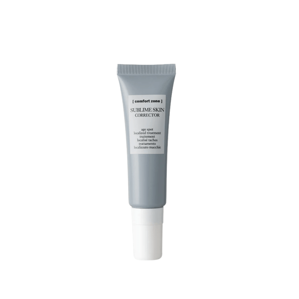Tube of Sublime Skin Corrector | [ comfort zone ] in gray packaging, designed for targeted skincare treatment against age spots, suitable for wellness and body care routines.