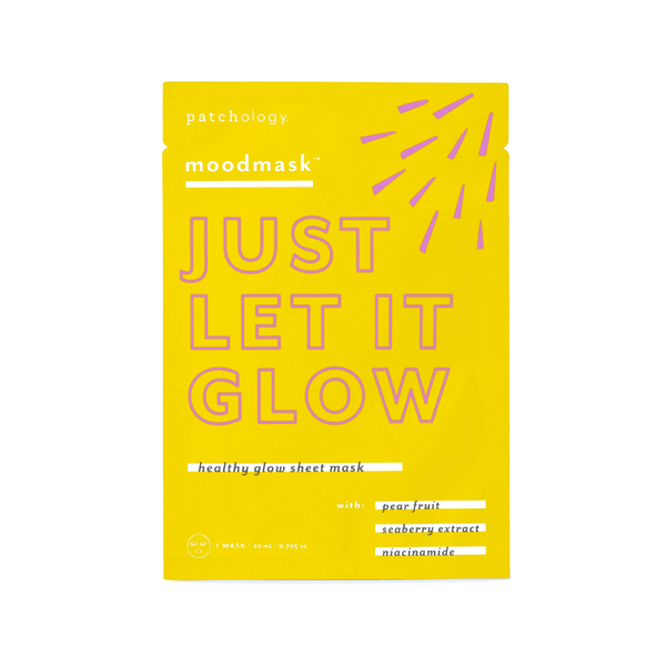 Moodmask - just let it glow | Patchology brightening sheet mask in yellow packaging featuring pear fruit, seaberry extract, and niacinamide for healthy glowing skin skincare.