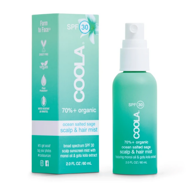 Scalp & Hair Mist Organic Sunscreen SPF 30 | COOLA in a green spray bottle with matching box, featuring ocean salted sage scent and organic ingredients for scalp and hair sun protection.