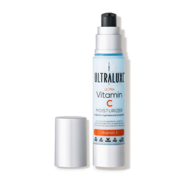 Anti-Aging Ultra Vitamin C Moisturizer | Ultraluxe Skincare bottle with pump dispenser and silver cap, designed for brightening and hydrating skin in a sleek white and blue container.