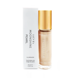 Enlightened Illuminizer | Hydra Bloom in Moonshine Pearl shade bottle with gold cap next to white packaging, highlighting skincare product for radiant glow.