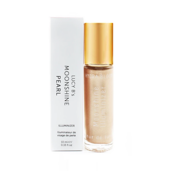 Enlightened Illuminizer | Hydra Bloom in Moonshine Pearl shade bottle with gold cap next to white packaging, highlighting skincare product for radiant glow.