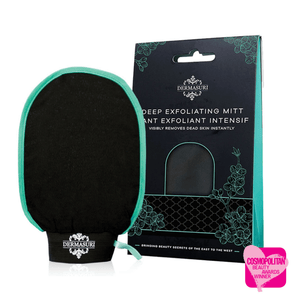 Deep Exfoliating Body Scrub Mitt | Dermasuri shown in black with teal trim, next to its black and teal floral packaging, designed for skincare and body care exfoliation.