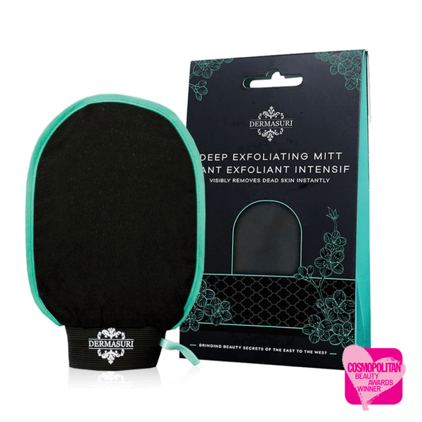 Deep Exfoliating Body Scrub Mitt | Dermasuri shown in black with teal trim, next to its black and teal floral packaging, designed for skincare and body care exfoliation.