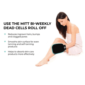 Woman using Deep Exfoliating Body Scrub Mitt | Dermasuri on her leg, promoting smoother skin, reducing ingrown hairs, bumps, and helping skincare absorption.