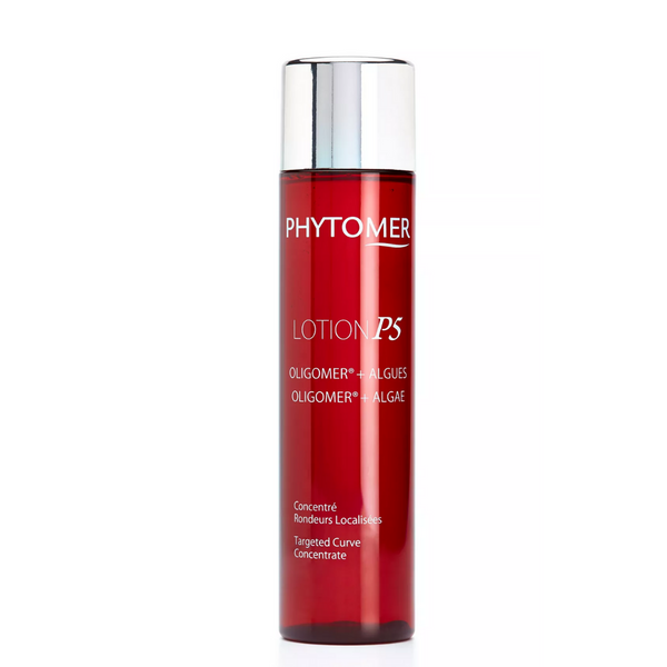 Bottle of Lotion P5 (Targeted Curve Concentrate) | Phytomer, a red skincare product with silver cap designed for body care and contouring.