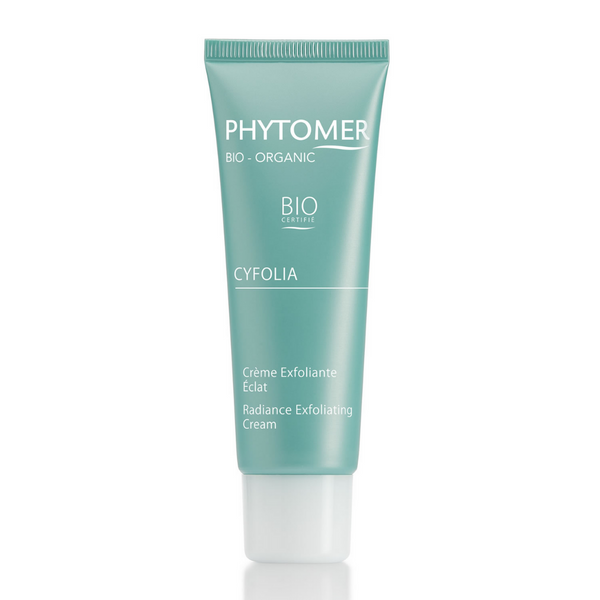 Tube of Cyfolia Organic - Radiance Exfoliating Cream | Phytomer in teal packaging, designed for skincare and organic radiance enhancement.