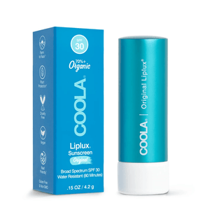 Classic Liplux® Organic Lip Balm Sunscreen SPF 30 - Original | COOLA in teal and white packaging next to a blue box highlighting 70% organic ingredients, broad spectrum SPF 30, and cruelty-free skincare benefits.