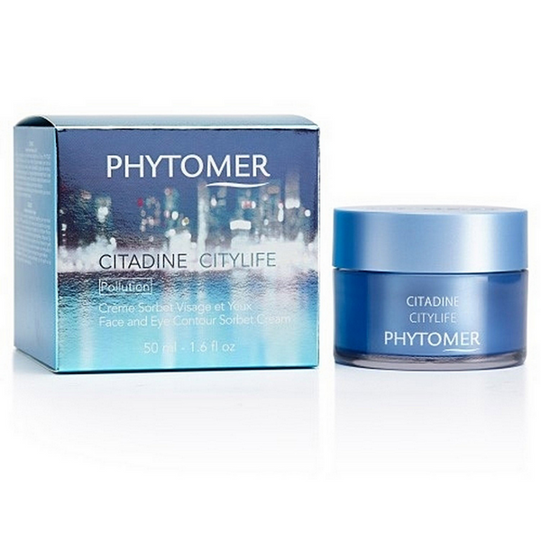 Citylife Face and Eye Contour Sorbet Cream | Phytomer in a blue jar with matching outer box, highlighting skincare for face and eye contour with a soothing sorbet texture.