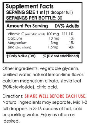 Supplement facts label for Vitamin C + Electrolytes Lemon-Lime Water Infusion Drops - 30 servings | Pure Inventions showing vitamin C, calcium, magnesium, zinc content, additional natural ingredients, and usage directions to shake well and mix with water.