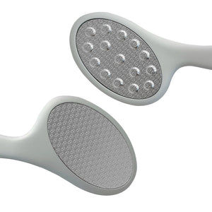 Close-up of a sleek gray foot care tool with dual textured surfaces designed for exfoliating and smoothing skin, part of the Smooth Things Over | Barefoot Scientist collection.