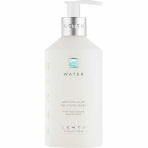 Bottle of Ageless Aloe Moisture Wash | Zents with a white pump dispenser, featuring a minimalist design and light blue water-themed logo for skincare and body care.