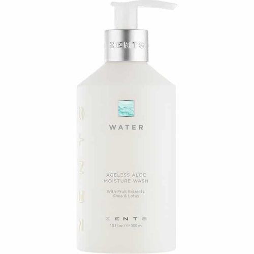 Bottle of Ageless Aloe Moisture Wash | Zents with a white pump dispenser, featuring a minimalist design and light blue water-themed logo for skincare and body care.