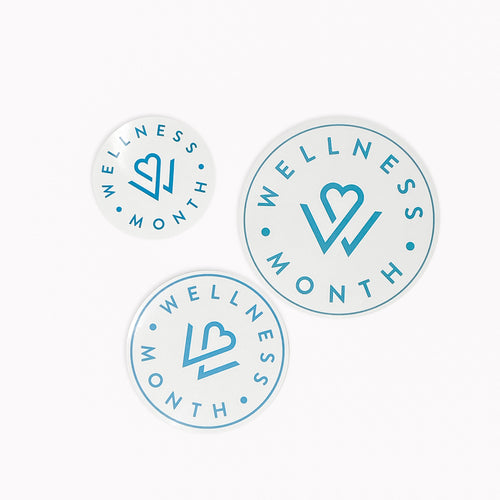 Three round stickers of varying sizes with a blue heart and checkmark design and the text Wellness Month, promoting self-care and wellness, labeled Wellness Month Stickers | Wellness Month.
