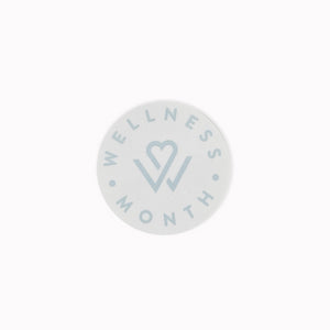 Round translucent window cling featuring a light blue minimalist wellness logo and the text Wellness Month Window Cling | Wellness Month arranged in a circle.